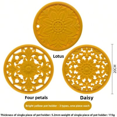 Lot de 3 tapis d'isolation thermique style chinois tapis en silicone creux pour cocotte plat résistant aux hautes températures tapis de table à manger anti-brûlure jaune