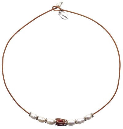 Zoetwater parel ketting Ibiza Red - echte parels - echt leer - wit - bruin - rood - zilver - luxe sieraden zakje - parelketting dames