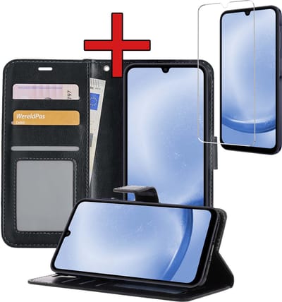 Hoesje - Met Screenprotector - Geschikt voor Samsung Galaxy A25 - Luxe Pasjeshouder - Flipcase - Bookcase Portemonee - Flip Case - Kunstleer Book Case - Book Cover - Walletcase - Portemonneehoes - Telefoonhoes - Zwart