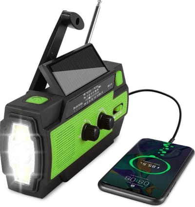 Dutchers® Noodradio - Opwindbare Survival Radio - Dynamo / Solar / Zonnepaneel - Opwindbaar - Zaklamp - FM - AM - Leeslamp / Draagbare noodradio - SOS alarm - USB-C kabel - Noodpakket - Kleur Groen