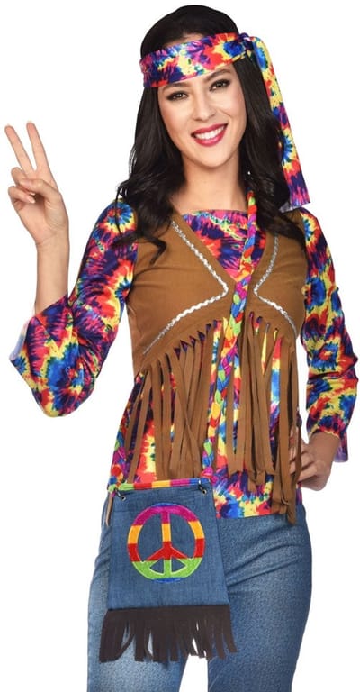Hippie Schoudertas Denim met Peace-Teken en Gevlochten Regenboogband