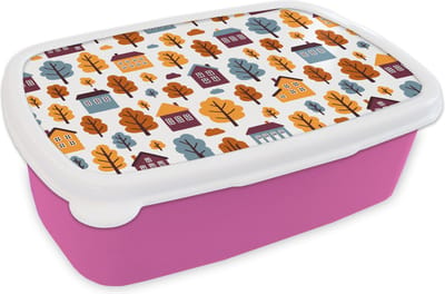 Broodtrommel Roze - Lunchbox - Brooddoos - Patronen - Huis - Bomen - 18x12x6 cm - Kinderen - Meisje