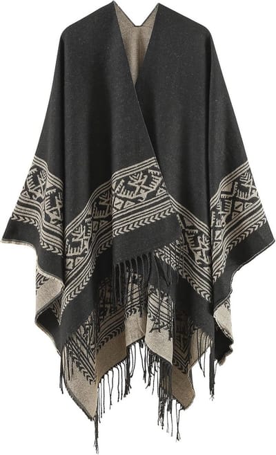 Dames Poncho Cape Sjaal Tartan Ruit Motief met Franje - Beige