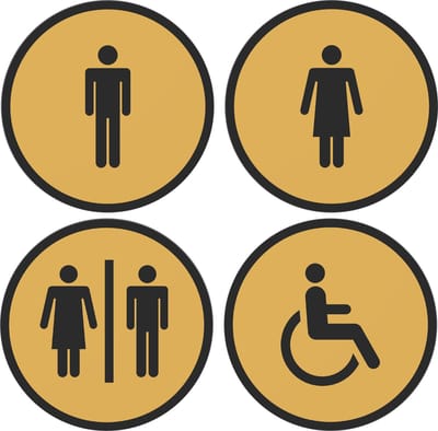12,5 cm Rond 4 bordjes man-vrouw-man/vrouw-invalide Goud - Zwart | PLA toilet bordjes | 125 mm rond 3 mm dik | Goud Zwart | Bio plastic