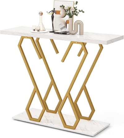 COSTWAY Consoletafel, entreetafel, marmerlook, smalle sofatafel, met metalen frame in vlindervorm, bijzettafel, goud + wit, 100 x 30 x 79 cm, voor woonkamer, kantoor en entree, JV11212WHDE