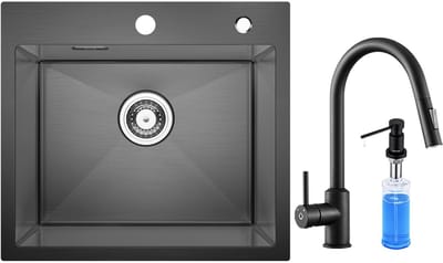 CECIPA max Spoelbak voor keuken 50x45CM Antraciet - Spoelbak Keuken Met Keukenkraan en Zeepdispenser - Spoelbakken met sifon en overloopset - Enkele spoelbakken