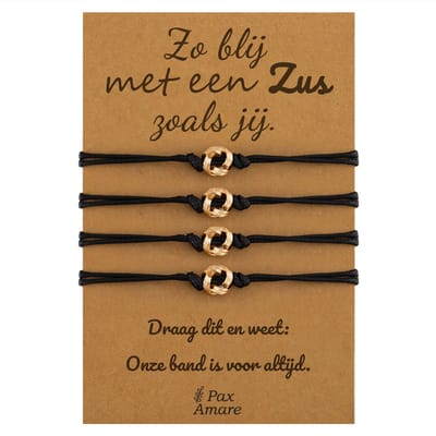 Vriendschapsarmbandjes voor 4 "Zo blij met een zus zoals jij" - Knoopjes - Sisters Armbandjes met Cadeau Kaartje - Goudkleurig - Elastisch Verstelbaar - Pax Amare