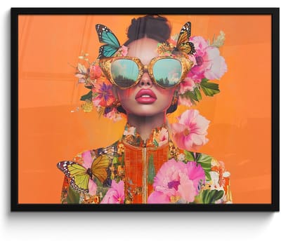 Poster in lijst - Fotolijst 80x60 cm - Posters - Vlinders - Vrouw - Zonnebril - Kleurrijk - Posterlijst zwart - Decoratie - Wanddecoratie woonkamer - Muurdecoratie slaapkamer