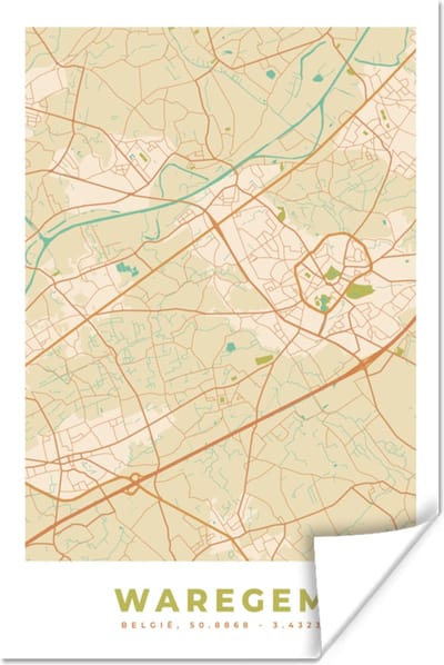 Poster Kaart - Plattegrond - Vintage - Stadskaart - Waregem - 120x180 cm XXL