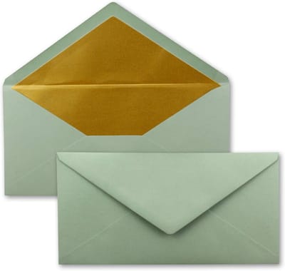 15 Luxe DIN Lang Enveloppen Eucalyptus Groen met Gouden Metallic Binnenkant - 110x220 mm