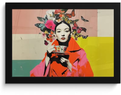 Poster in lijst - Fotolijst 30x20 cm - Posters - Retro - Vrouw - Kopje - Vlinders - Posterlijst zwart - Decoratie - Wanddecoratie woonkamer - Muurdecoratie slaapkamer