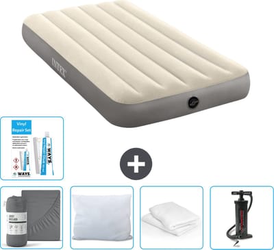 Intex Luchtbed - 1-Persoons - 99 x 191 x 25 cm - Beige - Inclusief Hoeslaken - Kussen - Pomp - Reparatieset en Kussenbeschermer