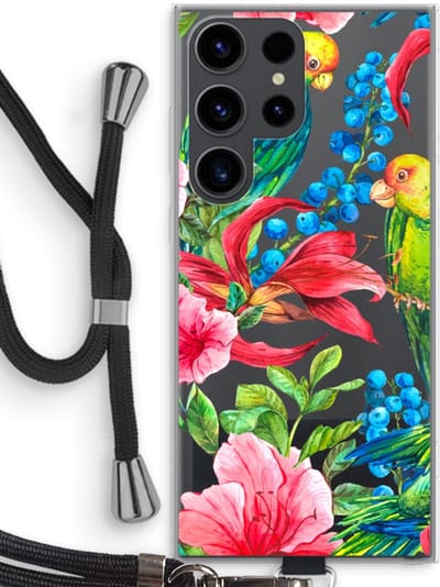 Case Company® - Hoesje met koord geschikt voor Samsung Galaxy S23 Ultra hoesje met Koord - Papegaaien - Telefoonhoesje met Zwart Koord - Bescherming aan alle Kanten en Over de Schermrand