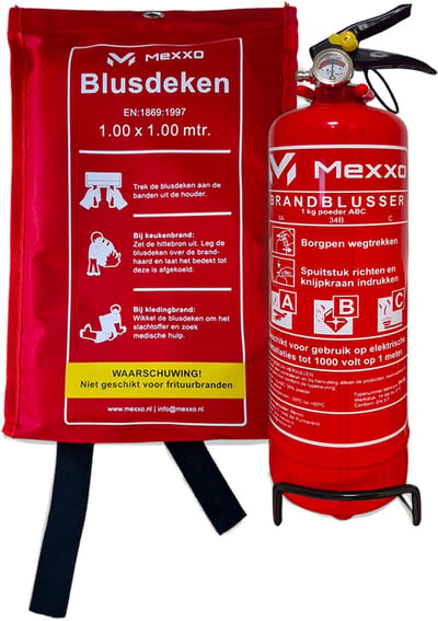 Mexxo blusset - Brandblusser 1 kg ABC + Blusdeken 100x100 cm - Montagebeugel en keuringssticker