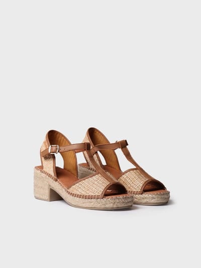 Dames espadrilles met lage hak van raffia en leer | DONATA-RP