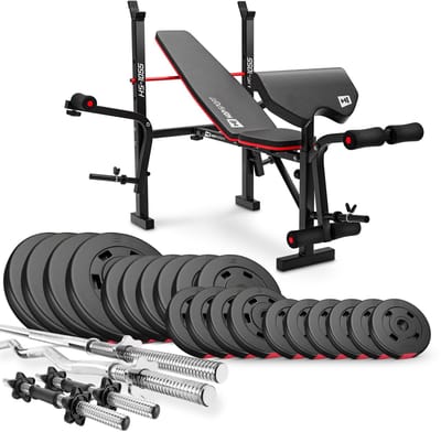 Hop-Sport HS-1055 – Halterbank set – Inklapbaar – 105 kg halterset – Met lange halterstang, SZ-curlstang en korte halterstangen