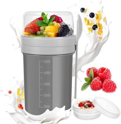 Ontbijtgranenbeker, 550 ml + 250 ml Kinderyoghurtbeker, Yoghurtbeker met lepel, Ontbijtgranenbeker, Ontbijtgranendoos, Papbeker, Lekvrij (grijs)
