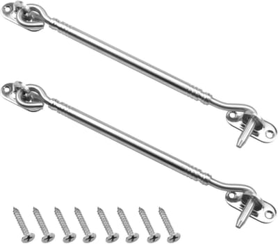 Set van 2 RVS Cabin Hooks - Stormhaken voor Deuren en Vensters met 8 Montagebouten - 20 cm Veiligheidsoplossingen voor Schuifdeuren en Barn Gates