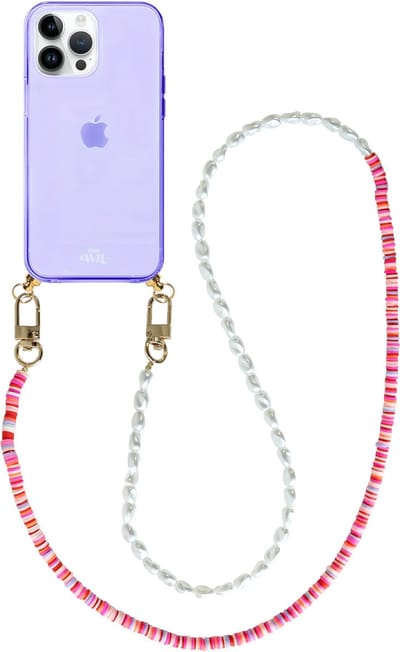 xoxo Wildhearts silicone case met koord - Paars telefoonhoesje met koord - telefoonketting - Island Girl - long - Cord Case - geschikt voor Apple iPhone 12 Pro - Lange parelketting / kralenketting - Parels - Wit / Roze