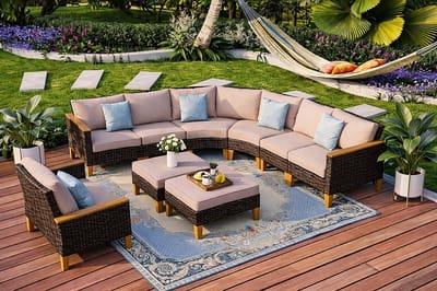 Tuin Loungeset Modulaire Halfrond 61x61x44,5 cm – Poly-Rattan met 10 cm Cushion Pro Kussens – Weerbestendige Balkon & Terras Lounge Set – Urbanhom