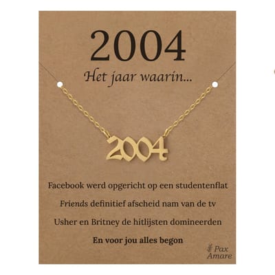 Jaartal 2004 Ketting op Cadeau Kaartje - Goudkleurig Stainless Steel - 45cm - Met informatie over geboortejaar - Pax Amare