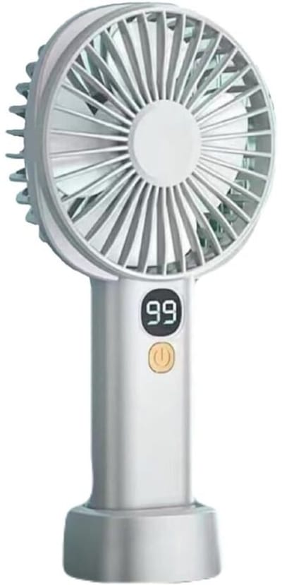 fan-Draagbare witte ventilator, compact en praktisch, oplaadbaar, met 5 instelbare windsnelheden, stroomindicatielampje en tafelvoet.