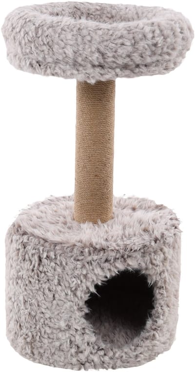 Krabpaal – Flamingo Odie Taupe – 40x40x70 cm – compacte krabpaal met gewatteerd ligplateau & schuilhuisje – kattenmeubel met jute krabtouw & langpolige pluche – zachte kattenboom voor alle kattenrassen