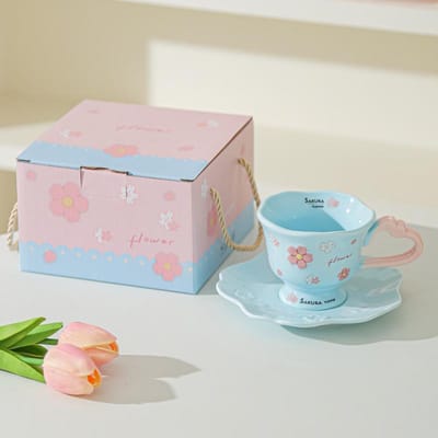 Hoge Waarde Kersenbloesem Reliëf Mok Gepersonaliseerde Creatieve Meisjeshart Thuis Keramische Waterbeker Koffiekop Schotel Souvenir 201-300ml
