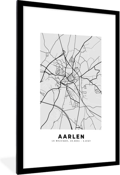 Fotolijst incl. Poster Zwart Wit- Zwart Wit – België – Plattegrond – Stadskaart – Kaart – Aarlen - 60x90 cm - Posterlijst