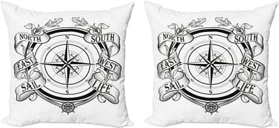 ABAKUHAUS Kompas Kussensloop Set (2 stuks), Zeil Navigatieapparaat, 50 cm, wit/zwart