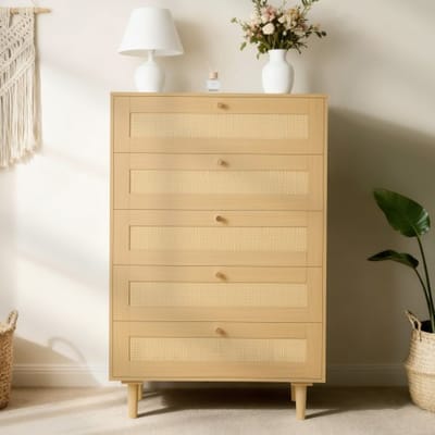VEVOR Rattan Commode met 5 Laden, Metalen Handgrepen & Houten Poten, Moderne Rattan Kast voor Slaapkamer, Woonkamer, Hal (70,2x40x106,5 cm) Kledingkast, Ladekast