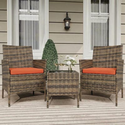 Tuinset 3-delig - Lounge Set met Rotan Fauteuils en Kussens voor 2 Personen - Balkonset met Glazen Salontafel - voor Terras en Tuin - Bruin + Oranje