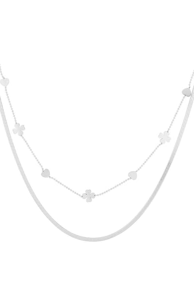 Yehwang Clover Heart - Ketting - Dubbele ketting - Stainless steel - Lengte 40 cm + 5 cm verlenging - Zilverkleurig