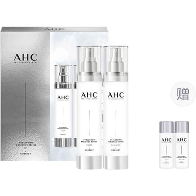 Coffret Cadeau AHC Hyaluronic Radiance Refine, Toner Emulsion Sérum avec Mini Kit de Voyage Kit Éclaircissant pour le Visage 100ml*2+30ml*2 marron