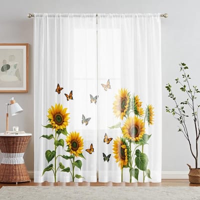 2 pièces Écran de fenêtre numérique HD imprimé tournesol jaune Style Décoration Intérieure Décoration Salon Chambre Rideau à Tringle Effe W52H63inchW132H160cm white