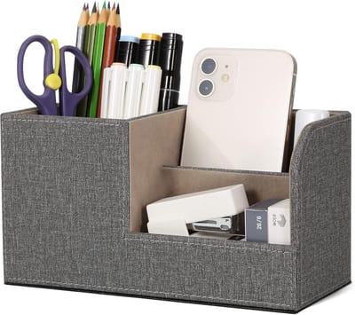 Famanu Bureau-organizer, bureau-organizer van kunstleer, pennenhouder, ruimtebesparend, 3 vakken voor pennen, nietjes, mappen, zelfklevende notities, telefoons (grijs)