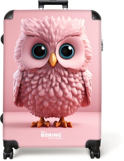 NoBoringSuitcases.com® - Koffer groot - Reiskoffer lichtgewicht - Roze cartoon uil voor roze achtergrond - Rolkoffer met 4 wielen - Grote trolley XL - 98 liter bagage