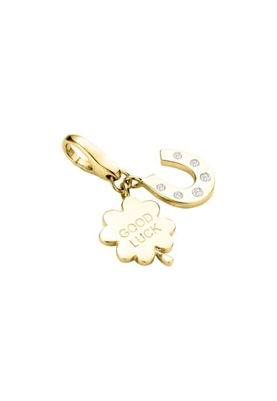 Giorgio Martello charm / bedel klaverblad + hoefijzer met zirkonia, geelgoud verguld, zilver 925/-