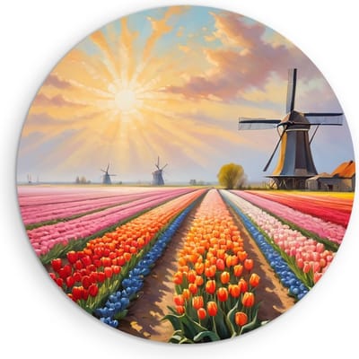 Saammp Muurcirkel Hout - Landschap - Abstracte kleurrijke tulpen - Natuur - Ø 90 - Wandcirkel - Wanddecoratie Cirkel - Muurdecoratie Woonkamer - Slaapkamer decoratie - Rond Schilderij