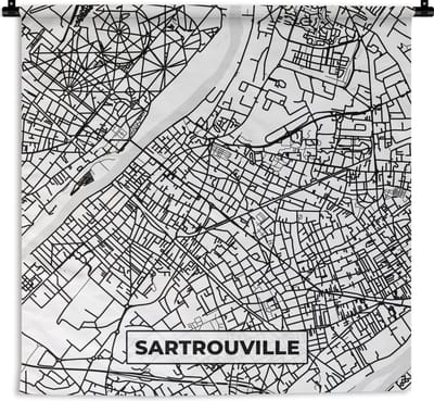Wandkleed - Wanddoek - Sartrouville - Stadskaart - Frankrijk - Kaart - Plattegrond - Zwart wit - 180x180 cm - Wandtapijt