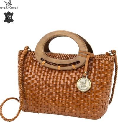 DE LAMASSU® Gevlochten Leren Handtas Dames – Echt Leer – Schoudertas met Houten Handgrepen – Crossbody Tas – Ritssluiting – 35 x 23 x 11 cm
