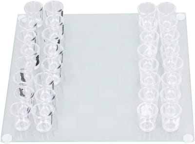 Glazen Schaakspel - Drinkspel Set - Feestelijke Bijeenkomsten - Inclusief 32 Glazen - 22.5 x 22.5 cm - Transparant