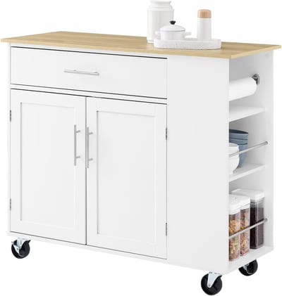 SoBuy Verrijdbaar Keukeneiland - Keuken Trolley - Keukenkast op Wieltjes - voor Eetkamer of Keuken, Wit 99x40x85 cm FKW133-WN