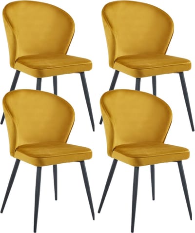 Colenis® - Curve Eetkamerstoel - Set Van 4 - Okergeel - Velvet - Zwarte Poten