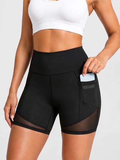 SparkNine Meshflex dames short - met zakken - stijlvolle mesh - S - zwart - hoge taille - ademend - fitness short - korte broek