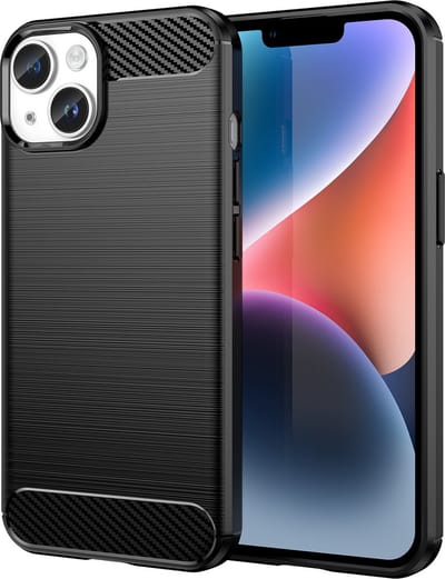 Cadorabo Hoesje geschikt voor Apple iPhone 14 in Brushed Zwart - Beschermhoes van flexibel TPU siliconen in roestvrij staal-carbonvezel look Case Cover