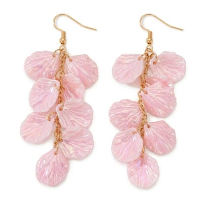 Roze oorclips dames schelpen hanger clip on oorbellen zonder gaatjes statement oorclips met parelmoerlook blaadjes hangende oorbellen boho design roze goudkleurig