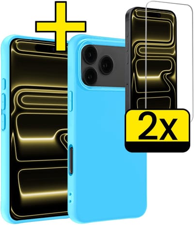 Hoesje - Met 2x Screenprotector - Geschikt voor Apple iPhone 17 Pro - Sterk & Shockproof - Back Cover - Siliconen Case - Telefoon Hoes - Telefoonhoesjes - Lichtblauw