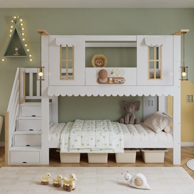 Stapelbed 90x200 cm - kinderbed - opbergtrap - mooi raam - golvende dakrand - met vilten decoratie - wit en houtkleurig - zonder matras