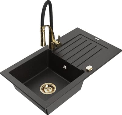 Mexen Pablo granieten spoelbak 1-kompartment met afdruiprek en keukenkraan Aster, zwart/goud metallic - 6510-75-73450-57-G